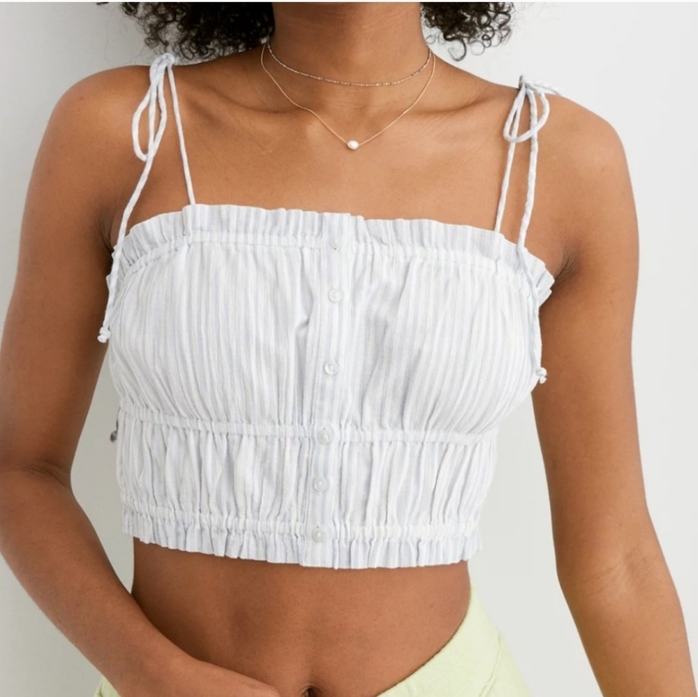 AERIE Woven Button Front Tank Tie Shoulders Soft Muslin Blue & White Stripes